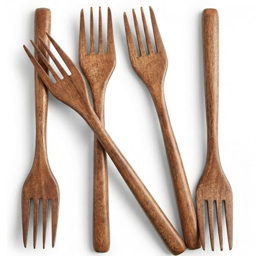 Diulazin Eco-Friendly Japanese Wooden Salad Forks Set - 5PCS Reusable Cooking Forks Handmade Natural Wood Flatware for Cooking Stirring and Eating