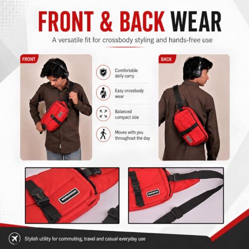 Image of WORLDSTAR Premium Red Waist Bag for Men & Women | Adjustable Crossbody Sling Chest Bag with Multi-Pocket Storage | Lightweight Travel Fanny Pack for Daily Use, Walking, Shopping & Commuting