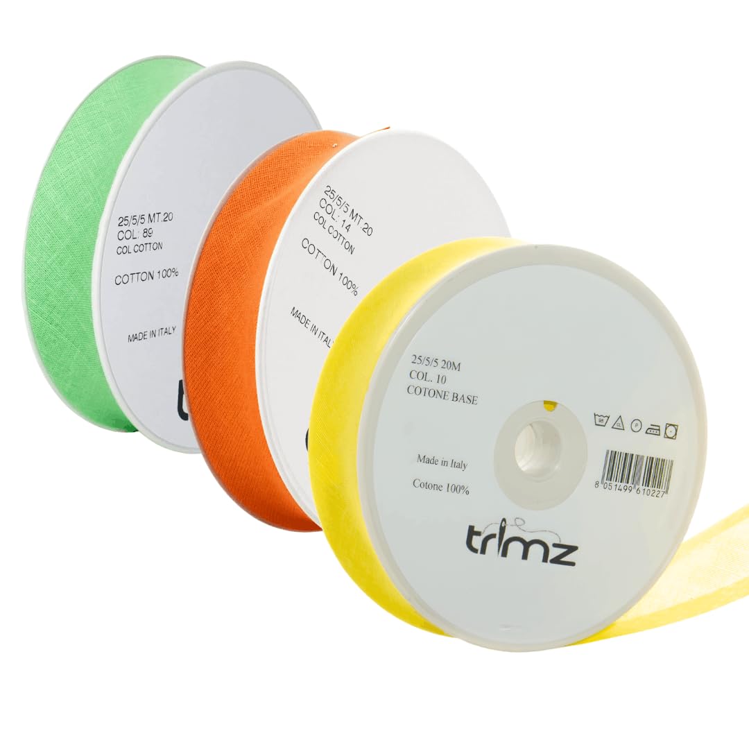 Trimz Summer Citrus Trio (Vibrant Orange, Yellow & Apple Green) 3-Pack 100% Cotton Bias Binding Tape (25mm) - 60 Meters Total - Bright Folded Edging for Bunting, Kids' Clothes & Party Decor
