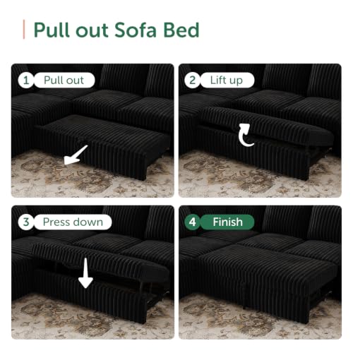 Image of HONBAY Modular Sectional Sleeper Sofa with Pull Out Bed Oversized Corduroy L Shaped Sofa Bed with Storage Couches for Living Room,Black