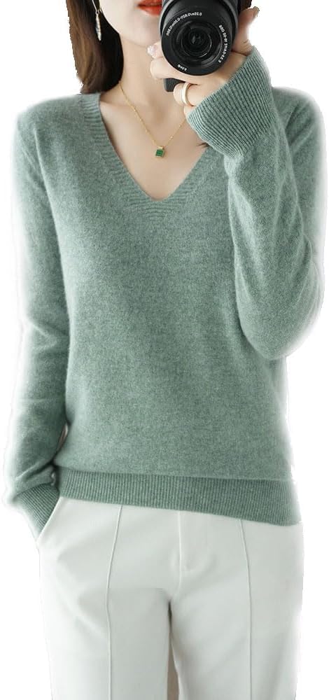 Kaschmirpullover Für Damen, Pullover Mit V-Ausschnitt Herbst Und Winter Pullover, Strickpullover Langarm Pullover Für Herbst Winter, 100% Wolle Kaschmir Damen Locker Lässig, Grün, L