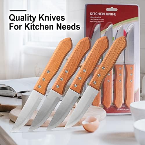 Orclan Steak Knives Set of 4-Serrated Blade Steak Knives - Mirror Polished Sturdy-Stainless Steel Steak Knives- Wooden Handle and Easy to Clean
