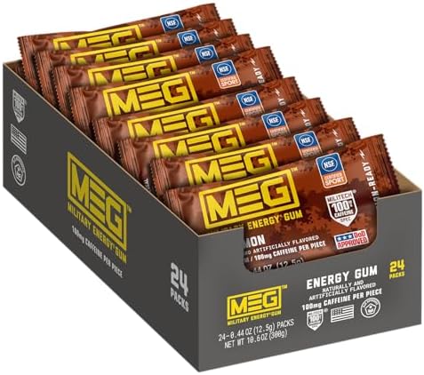 MEG (Military Energy Gum) - Cinnamon | Enhance Your Physical Performance with 100mg of Caffeine Per Piece, Ultimate Energy Boost for Workouts, Alternative to Energy Drinks | Pack of 24