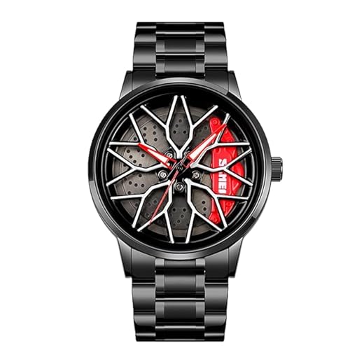 SKMEI Spinning Car Wheels Rolling Watch for Men Analog Display Black-Red Dial Zinc Alloy Men's Stainless Steel Black Color Stylish Band, Water-Resistant & Scratch-Resistant-1990