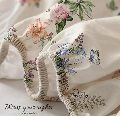 Image of VAS COLLECTIONS King Size Cotton Fitted Bedsheet (78 x 72 + 14 Inches) with Deep Pocket | 220 TC Soft Breathable Wrinkle Free Elastic Bed Sheet for King Mattress | (Floral)