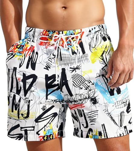 MADHERO Mens Swim Trunk Funny Pattern Bathing Suit with Mesh Lining Swimming Shorts