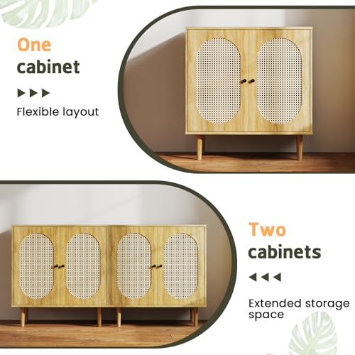 Lamtor Rattan Buffet Cabinet with Storage - Sideboard Storage Cabinet with Curved Doors - Accent Console Table with Solid Wood Feet for Kitchen, Living Room, Dining Room, Entryway