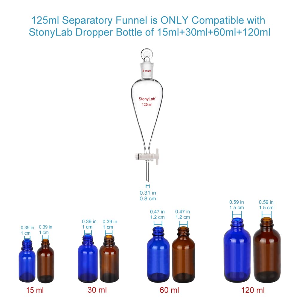 stonylab 125ml Imbuto Separatore con Rubinetto di Arresto in Vetro, Imbuto Laboratorio Conico a Forma di Pera con Parete Pesante in Vetro Borosilicato con Giunto 24/29, Separatory Funnel