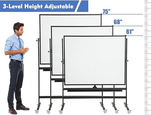 Miniatura 4 de FORTUNO Pizarra blanca móvil magnética grande de 72 x 40 pulgadas, soporte rodante de doble cara sobre ruedas, pizarra blanca reversible ajustable