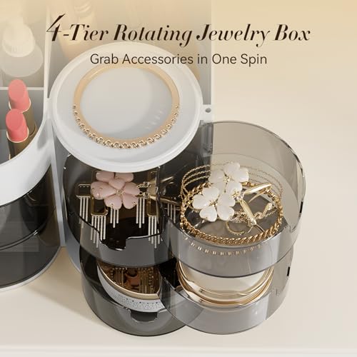 LAMU Makeup Organizer Countertop, Cosmetic Storage for Dresser Bathroom Countertop, Include 4-Tier Rotating Jewelry Box for Brushes, Skincare, Perfume, Office, Earring, Jewelry Organizer, White - Image 3