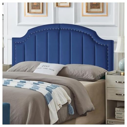 24KF Upholstered Channel Pattern Queen Headboard with Silver Nailhead Trim, Comfy Velvet Headboard Queen/Full, 6052-Q-Navy