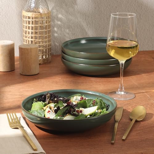 Image of Gibson Elite Beckett 4-Piece 9 Inch Dinner Plate Bowl Set - Reactive Glaze Stoneware - Shallow Serving Pasta Bowls (Blate) - Wide-Rim Round Shape - Microwave & Dishwasher Safe - Green