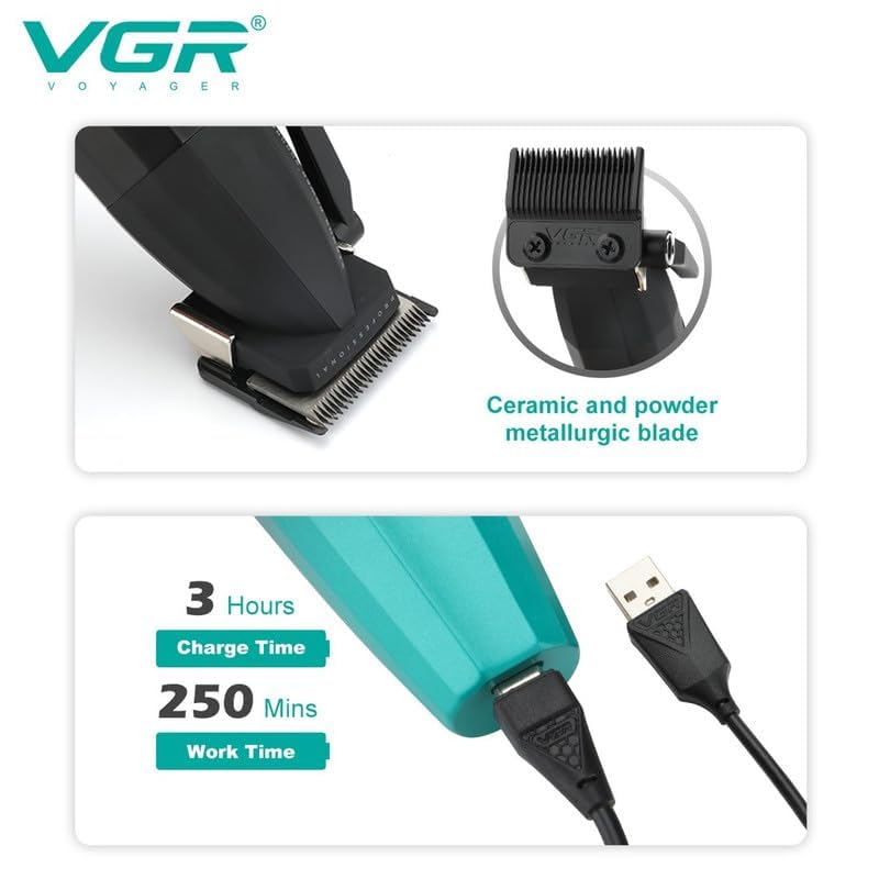 Image of VGR V-003 Ultra Premium Professional 9000 RPM 2 Speed Hair Clipper Set Metal Housing Ceramic & Powder Metallurgic Blade Digital Display 2500 Battery 4 adjustable Taper Lever 6 Guide comb (GREEN)