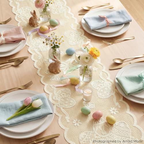 Artoid Mode Beige Spitze Jacquard Osterei Ostern Tischläufer 33 x 183 cm, Frühling Hochzeit Tisch Dekoration Drinnen Urlaub Party Dekor