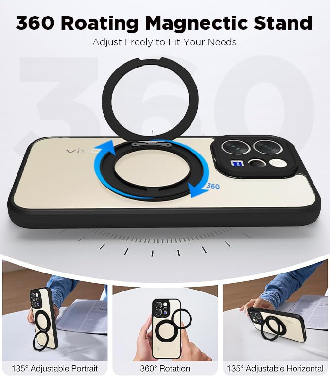 Image of RIGGEAR Shockproof Sleek Hybrid Armor 360 Rotating Magnetic Ring Stand Back Cover Case Compatible with MagSafe Accessories for Vivo V70 / V70 Elite 5G (Clear PC + Black TPU Bumper)