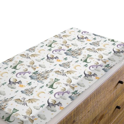 Image of EyMzcod Baby Boy Girl Changing Pad Covers Dragon Tale Castle, Watercolor Green Moon Clouds Stars Tree Safe Snug Fitted Diaper Table Sheet, Soft Breathable Stretchy Change Mat Fit 32 34 x 16
