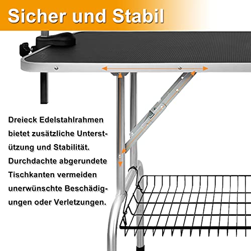 QEENTOE Hundefriseur Tisch Klappbar, Höhenverstellbar - Professioneller Trimmtisch mit Sicherheitsarm&Stauraum - Für Tierpflegesalon & Heimgebrauch, Schwarz-113x60x175cm