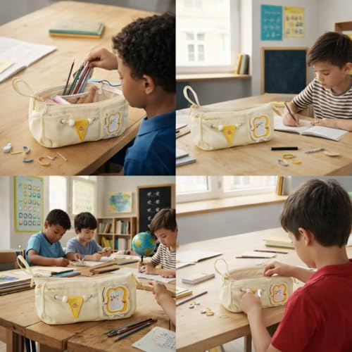 Image of Canvas School Bag Pencil Case, 3 Layer 6 Compartment Large Capacity, Aesthetic Pencil Pouch for Stationary, Cute Stationery for Kids, Pencil Case for Girls & Boys (Cream)