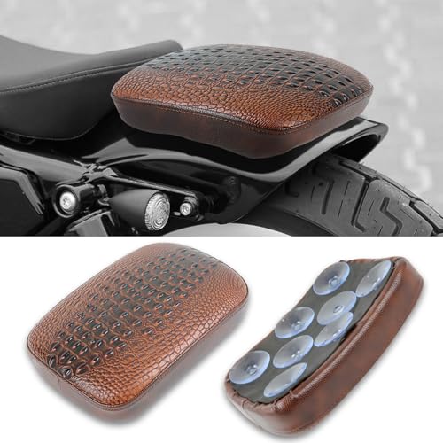 Image of DREAMIZER Motorcycle Rectangular Pillion Passenger Pad Seat Universal Crocodile Style Brown Solo Seat Leather Pillon 8 Cushion Compatible with Harley Cruiser Chopper Custom