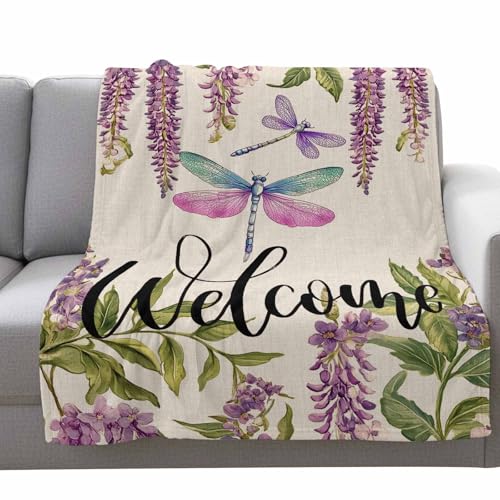 Flannel Throw Blanket for Couch Sofa Bed,Farm Colorful Dragonfly Lavender