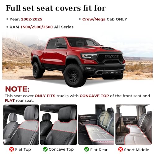 Image of Truckiipa Seat Covers for Dodge Ram 1500 Full Set, Full Coverage Waterproof Leather Protectors Pickup Truck Accessories, Custom Fit for 2002-2026 Ram 1500 2500 3500 Crew Mega Cab, Red