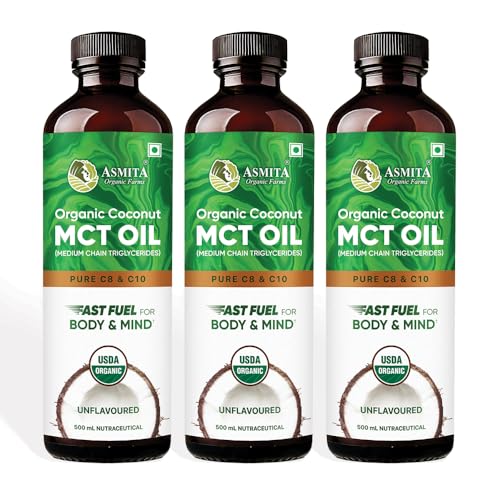 Image of Asmita Organic Farms MCT Oil 500ml | Pure C8 & C10 | Keto & Paleo Friendly | Organic | Sourced from Coconuts | Supports Brain Function, Instant Energy & Weight Management | Pack of 3