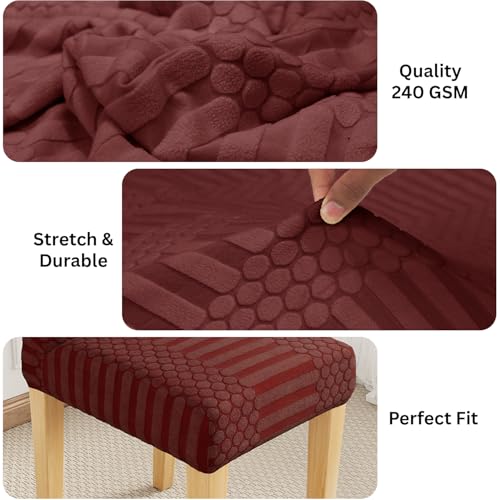 Image of Lukzer Elastic Dining Chair Cover - 4PC Pastel Deep Maroon Dotted Stripe | Textured High Stretch Jacquard Seat Cover | Removable Washable Short Dining Chair Cover Protector Seat Slipcover | CC-132-04