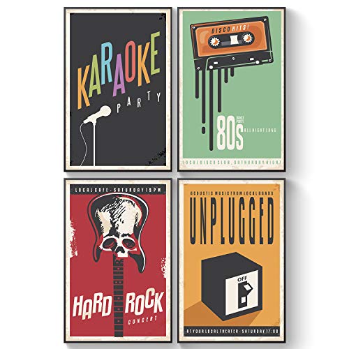 Pillow & Toast Retro Music Decor for Kids Bedroom, Set of Four, 11x17, 80's Band Tour Classic Posters