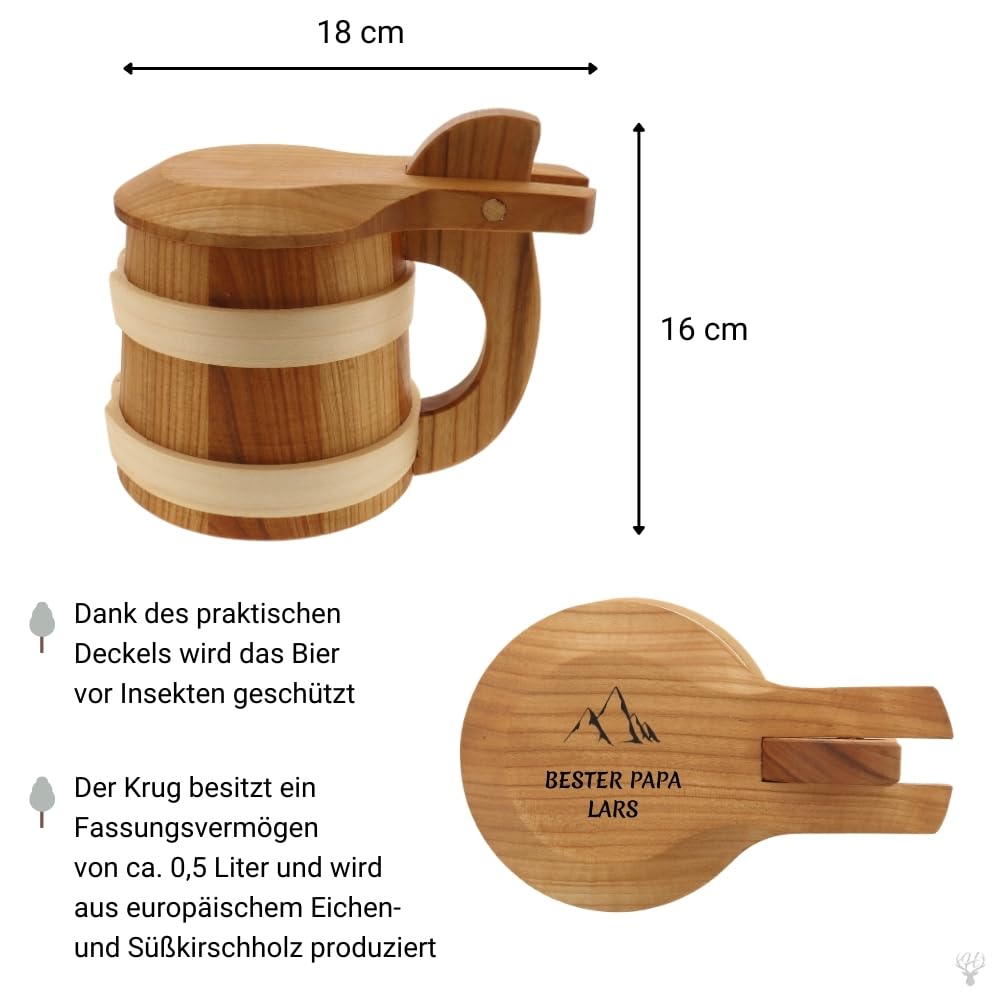 HOFMEISTER® Bierkrug Holz mit Gravur – Eiche und Kirschholz mit Deckel, personalisiert mit Name und Motiv, Handarbeit, Geschenk für Männer (1 Stück)