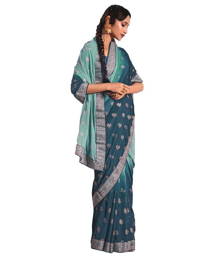 Image of SIRIL Women's Lace & Foil Printed Georgette Saree with Unstitched Blouse Piece(2826S477 Teal, Turquoise Green)