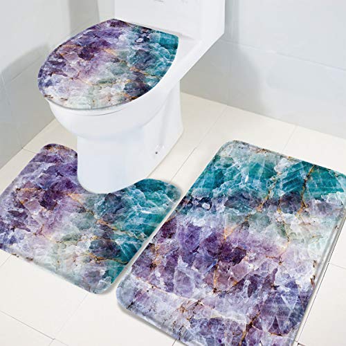 Heart Pain Bathroom Rug Set 3 Piece Crystal Mineral Marble Texture Non-Slip Backing Bathroom Mat Purple Blue Anti-Skid U-Shape Contoured Toilet Mat Absorbent Toilet Seat Cover - Large Size #TOP3