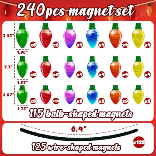 Image of 240PCS Christmas Car Refrigerator Decorations - 115 Reflective Bulb Light Shaped Magnets 125 Magnetic Wires Ornaments Set Xmas Holiday Cute Decor