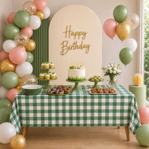 Image of Blue Orchards Green Gingham Table Cover (Pack of 3 with 20 glue dot) - 54 inchx108 inch XL - Green and White Checkered Picnic Plaid Cloth, Plastic Rectangle Decoration for BBQ, Outdoor Birthday Party Supplies