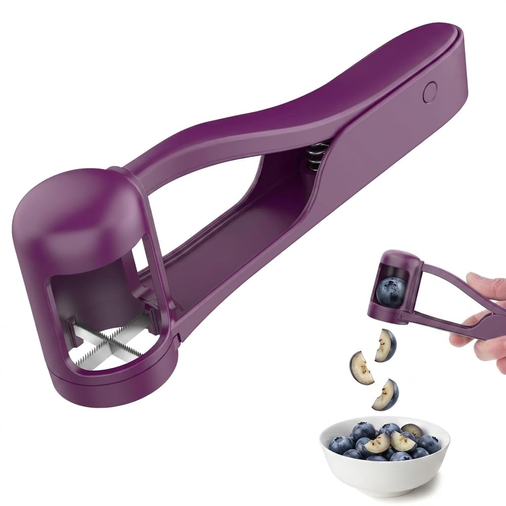 Grape Cutter for Toddlers,Fruit Slicer,Tomato Cherry Strawberry Olive Multi Grape Quarter Cutter Tool,Stainless Steel Blades and Body, ABS Plastic Handle,Non-Slip,Kitchen Gadget (Purple)