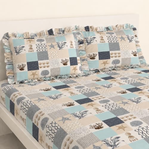 Image of VOMZER Queen Size (60x78) 300 TC Soft Cotton Feel Microfiber All Around Elastic Fitted Double Bedsheet with 2 Frill Pillow Covers | Ocean Patch