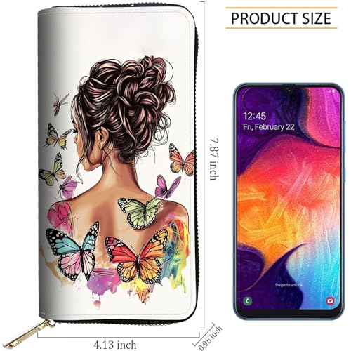Image of RFID Blocking Leather Wallet for Women - Large Capacity Zip Around Clutch with 8 Card Slots,28 Cash Pockets & Coin Zipper,Butterfly Girl Watercolor Art