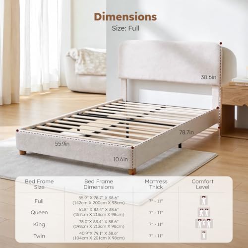 Image of Full Size Cloud Bed Frame, Cream White Boucle Platform Bed, Upholstered