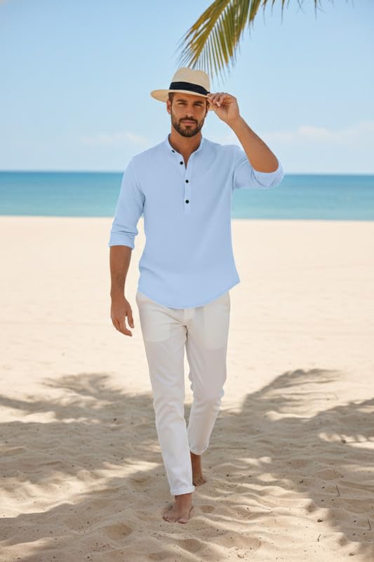Image of Men's Cotton Blend Short Kurta with Collared Neck Full Sleeves Solid Pattern Western Style Regular Fit and Standard Length