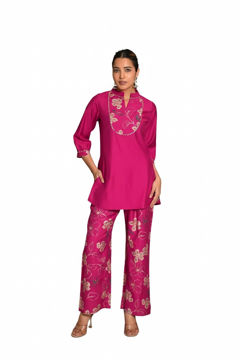 Ethnic Co-ord Set for Women, Magenta Pink Embroidered Tunic and Floral Pants, Traditional Indian Wear-image-46