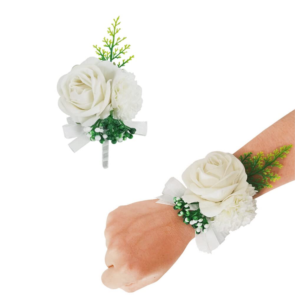 Ramillete de muñeca de flores artificiales, juego de ramillete y ramillete blanco para boda, graduación, novio, padrino y novias, rosas, accesorios de flores de boda, fiesta, decoración (blanco)