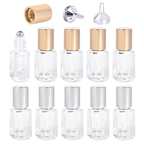 MUB Roller Bottle-3ml/0.1OZ Mini Square Glass Essential Roller Bottles with Stainless Steel Roller Balls for Perfumes and Lip Balms With 2 Sliver Funnels,Christmas Day Gift (pack of 10)