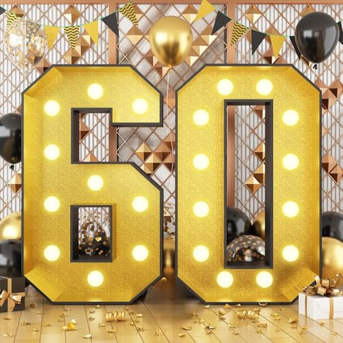 4FT Marquee Light Up 60 Numbers,Glitter Gold Giant Marquee Mosaic Frame Light Up Number for 60th Birthday Party Decorations Mosaic Number 60,DIY Frame Pre-Cut Foam Board Kit