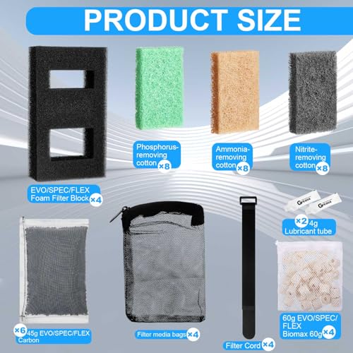 Image of Threlaco 4 Set Aquarium Filter Compatible with Fluval SPEC, EVO, Betta and Flex Desktop Aquarium Series, Foam Filter, Carbon, Ammonia /Phosphate /Nitrite Remover Pad, Ceramic Ring, Cord, Grease & Bag