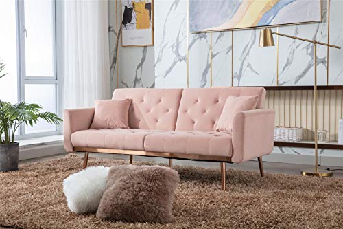 Loveseat Sleeper, Velvet Upholstered Small Futon With 5 Tapered Legs, Convertible Sofa Bed With 2 Pillows, Comfy Couch With Rose Gold Metal Trim, Modern Fold Out Couch For Living Room Apartment, Pink #TOP7