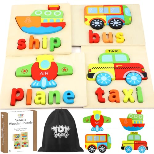 Image of TOY Life Toddler Puzzles Ages 2-4, 4 Vehicles with Spelling Wooden Puzzles for Toddlers 3-5, Montessori Toys Gifts for 1 2 3 Years Old Boys Girls, Christmas Birthday Gifts Learning Toys for Kids