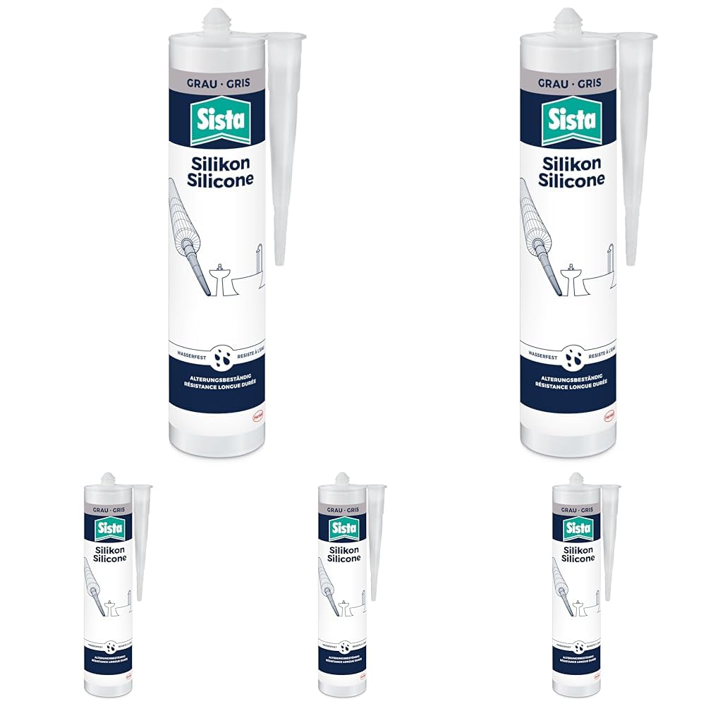 Sista Sanitär Silikon, schimmelresistenter Silikon Dichtstoff für den Sanitärbereich, sauer vernetzende Dichtmasse für viele Anwendungen, Grau, 1x280ml Kartusche (Packung mit 5)