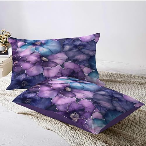 Parure de lit bleu violet floral 240x260 cm avec 2 taies d'oreiller