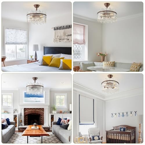 Image of Brown Fandelier Ceiling Fans with Lights, Crystal Chandelier Ceiling Fan with Light Remote Control, Mid Century with 6 Speeds for Bedroom, Living Room