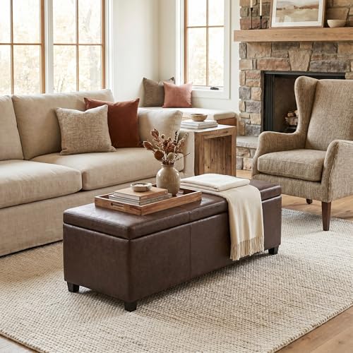Image of SIMPLIHOME Avalon 48 inch Wide Vegan Leather Storage Ottoman in Brown