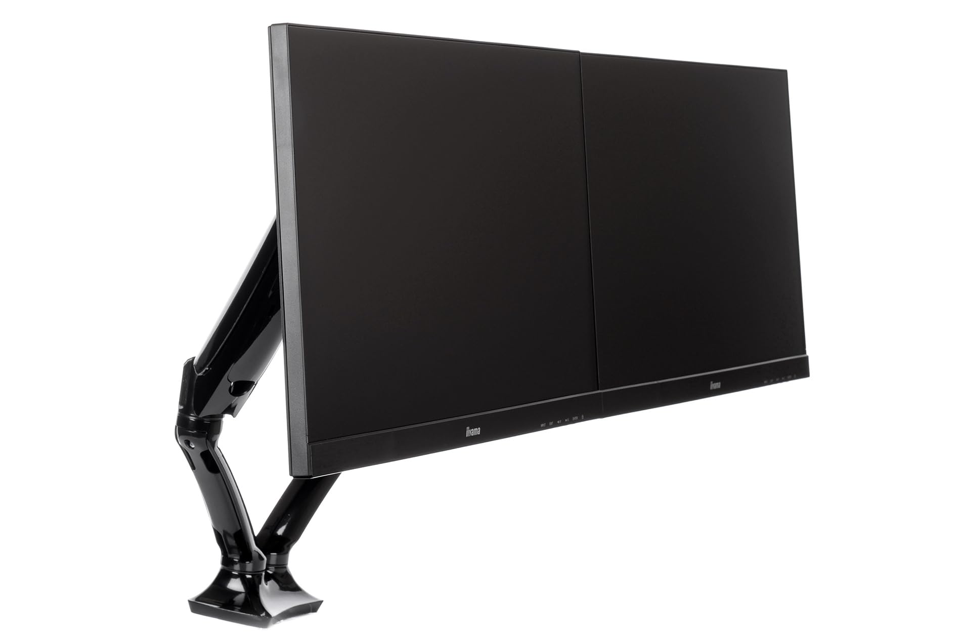 iiyama DS3002C-B1 Soporte de Mesa para doble Monitor de hasta 27 pulgadas (Abrazadera para mesa, brazo articulado con gas y muelle, máximo 5 kg por monitor), Negro